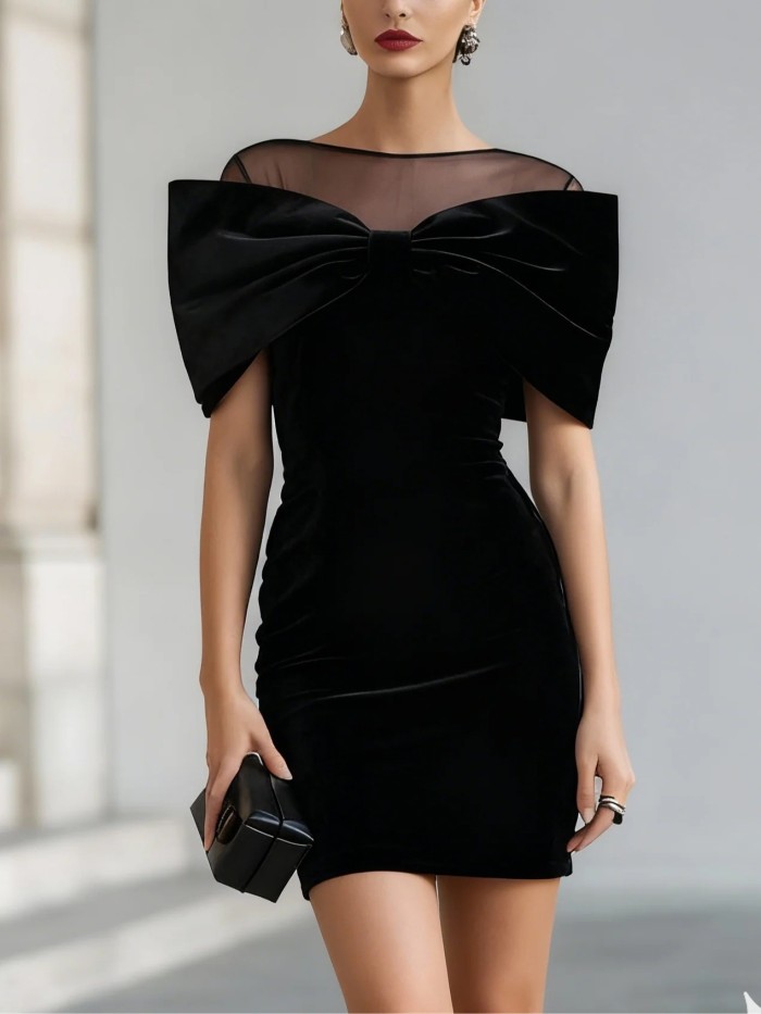 ✨Women Elegant Mesh Splicing Cape Sleeve Slim Velvet Party Dress✨