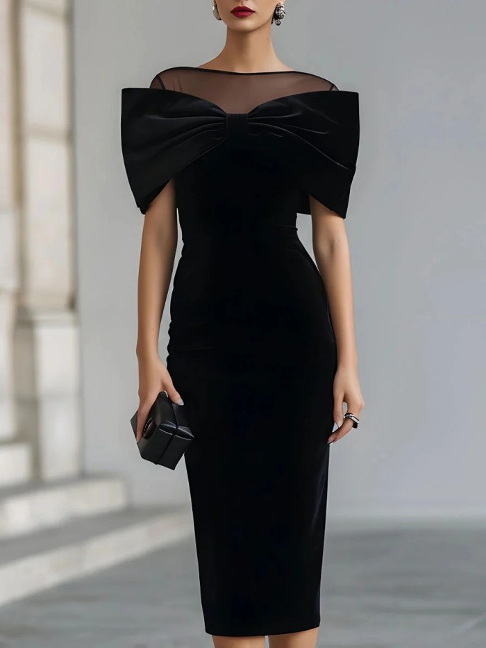 ✨Women Elegant Mesh Splicing Cape Sleeve Slim Velvet Party Dress✨