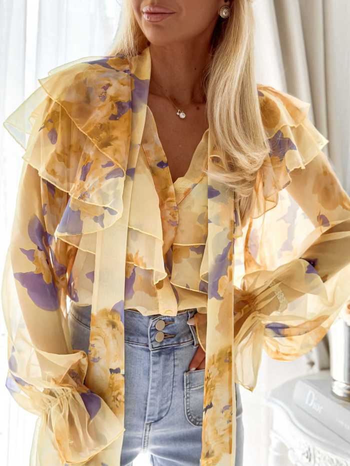 ✨Women Elegant Commute Chiffon Ruffle V-neck Blouse✨