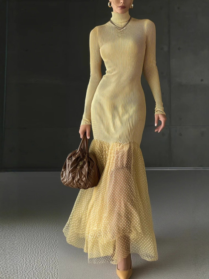 ✨Yellow Knitted Patchwork Chiffon Polka Dot Maxi Dress✨