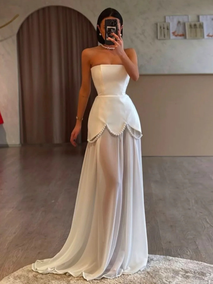 ✨Lady Sexy Strapless Floral Hem Pearl Chain Wedding Gown✨