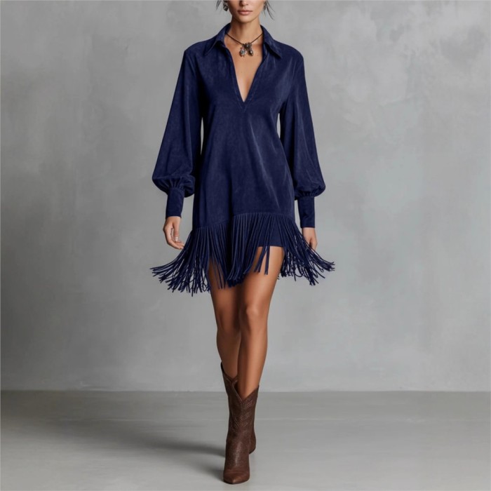 ✨Western Denim Imitation Suede Fringed Short Dress✨