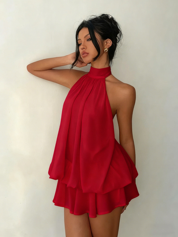 ✨Women Vacation Slim Fit Sexy Backless Halter Tie Ruched Waist Fluffy Short Dress✨