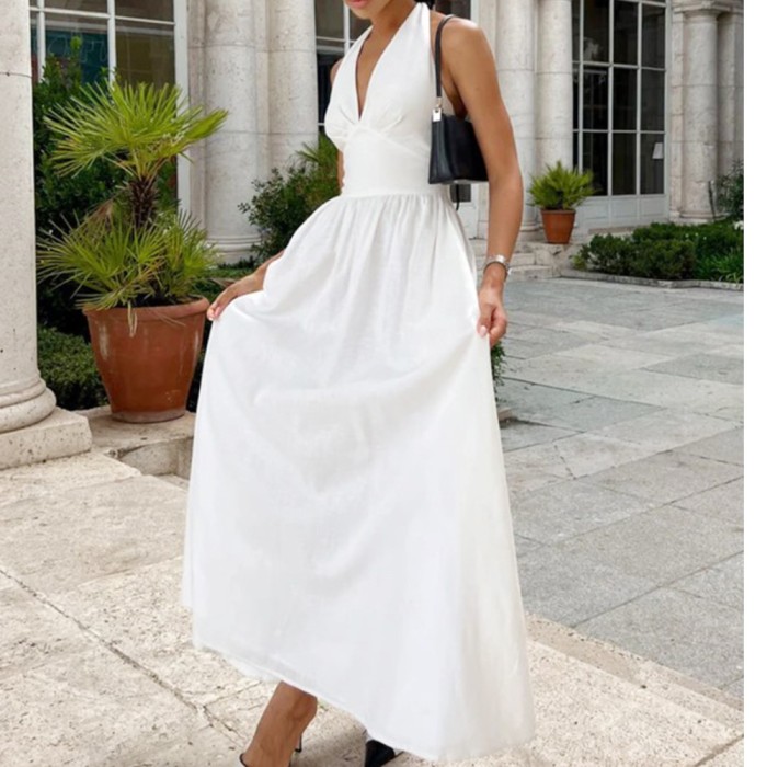 ✨Solid Color V-Neck High-Waisted A-Line Sleeveless Dress✨