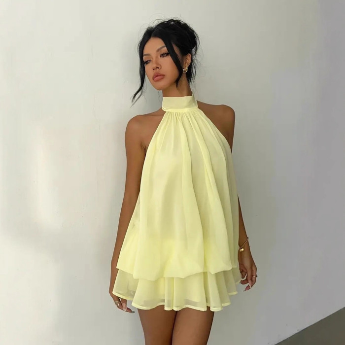 ✨Women Vacation Slim Fit Sexy Backless Halter Tie Ruched Waist Fluffy Short Dress✨