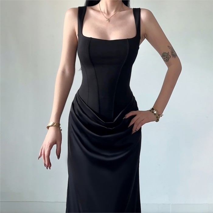 ✨Elegant Solid Color Square Neck Fishbone Suspender Dress✨