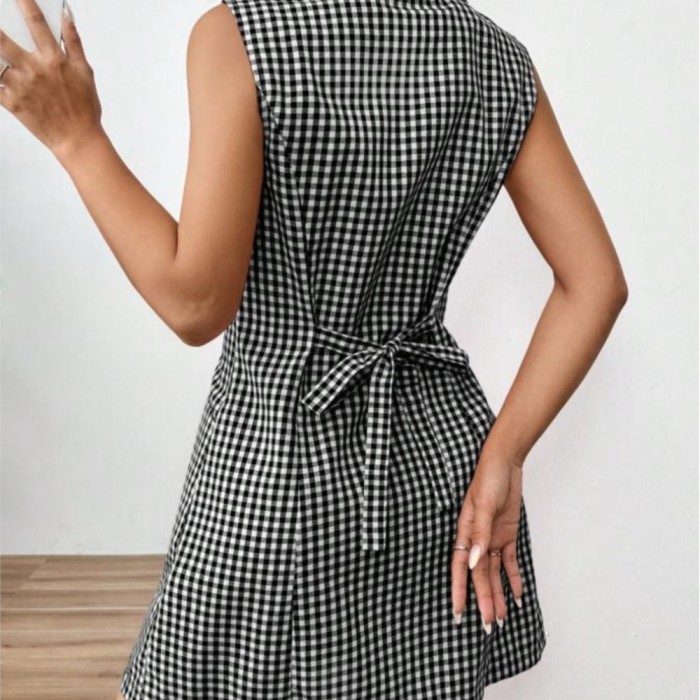 ✨Sleeveless Retro Plaid Print Lapel Pocket Bow Short Dress✨