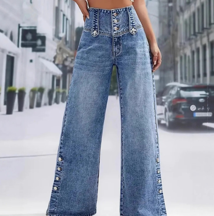 ✨Spring Summer Floral Print Split High Waist Retro Button Denim Wide Leg Pants✨