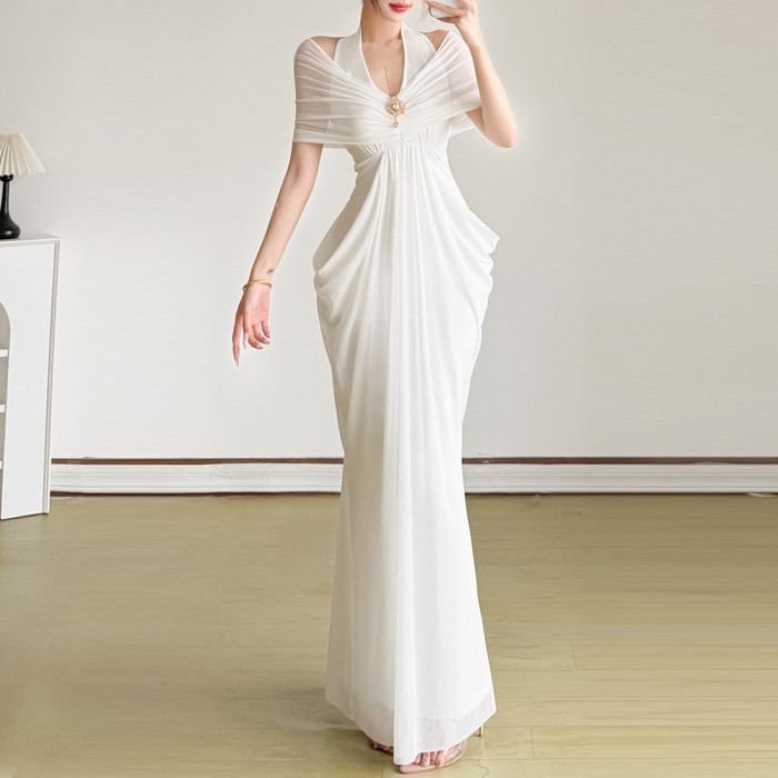 ✨Elegant V-Neck Mesh Spliced Backless Long Hip-Covering Dress✨