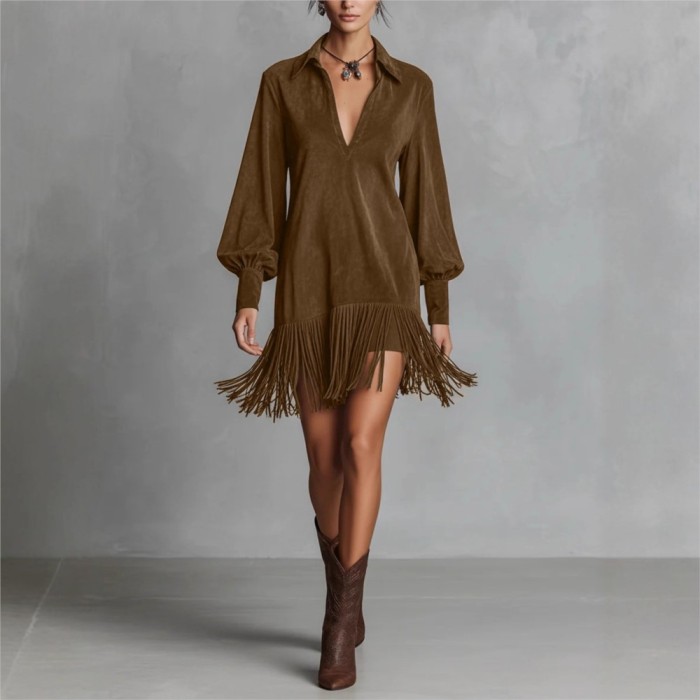 ✨Western Denim Imitation Suede Fringed Short Dress✨