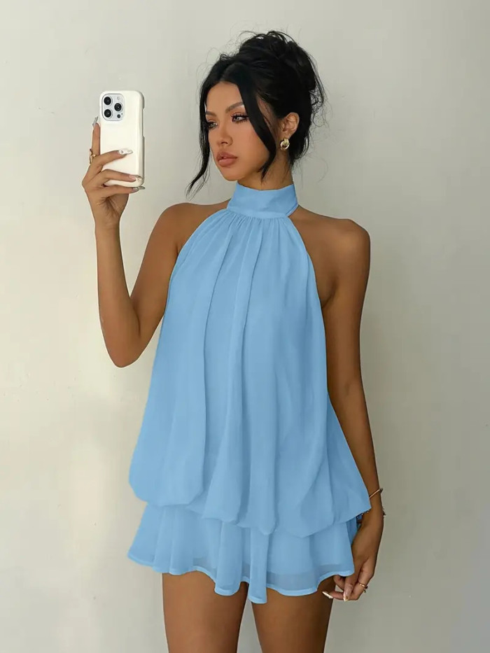 ✨Women Vacation Slim Fit Sexy Backless Halter Tie Ruched Waist Fluffy Short Dress✨