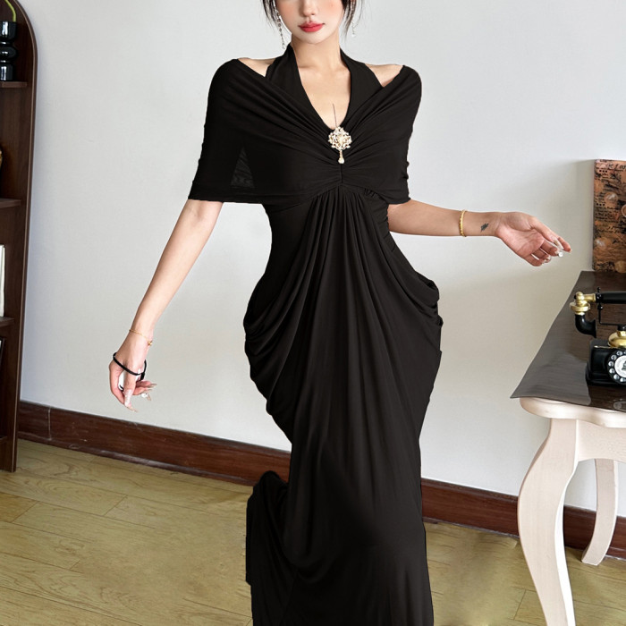 ✨Elegant V-Neck Mesh Spliced Backless Long Hip-Covering Dress✨