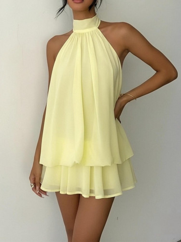 ✨Women Vacation Slim Fit Sexy Backless Halter Tie Ruched Waist Fluffy Short Dress✨
