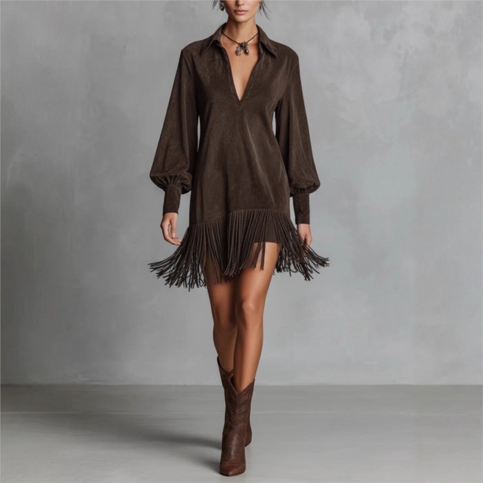 ✨Western Denim Imitation Suede Fringed Short Dress✨