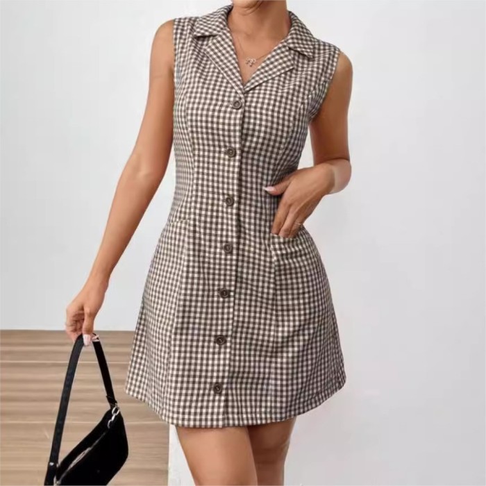 ✨Sleeveless Retro Plaid Print Lapel Pocket Bow Short Dress✨