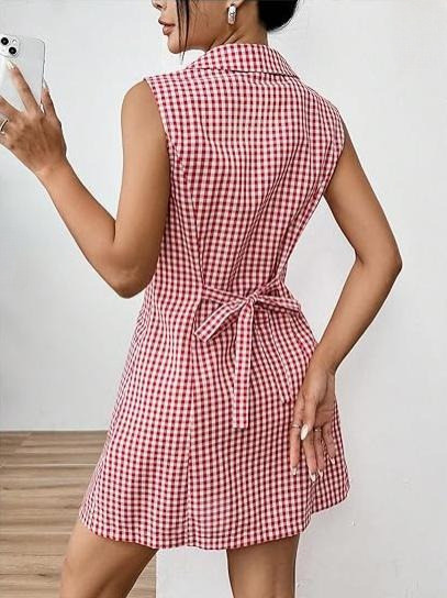 ✨Sleeveless Retro Plaid Print Lapel Pocket Bow Short Dress✨
