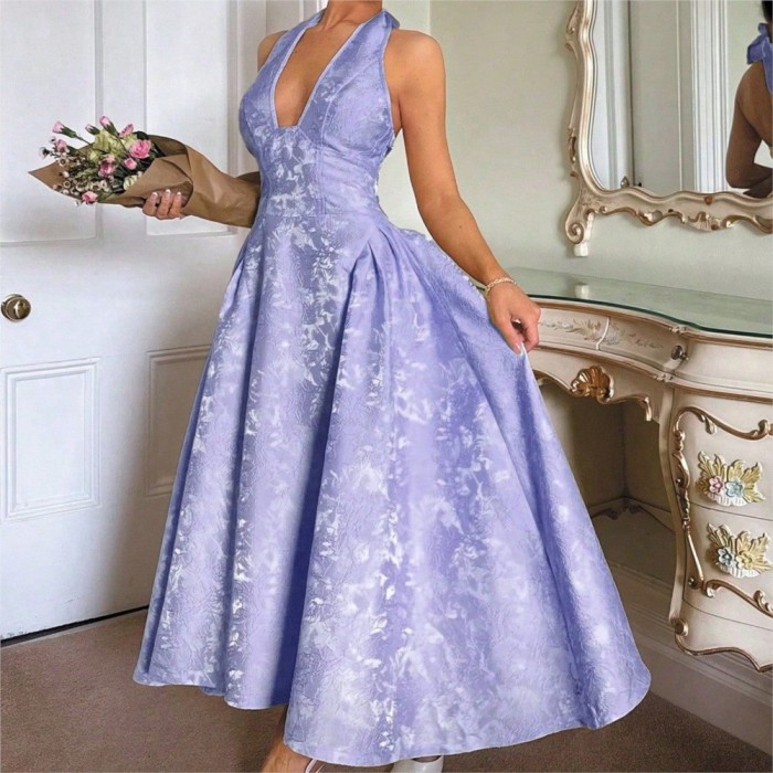 ✨Retro 3D Embossed V-Neck Halter Backless Long Dress✨