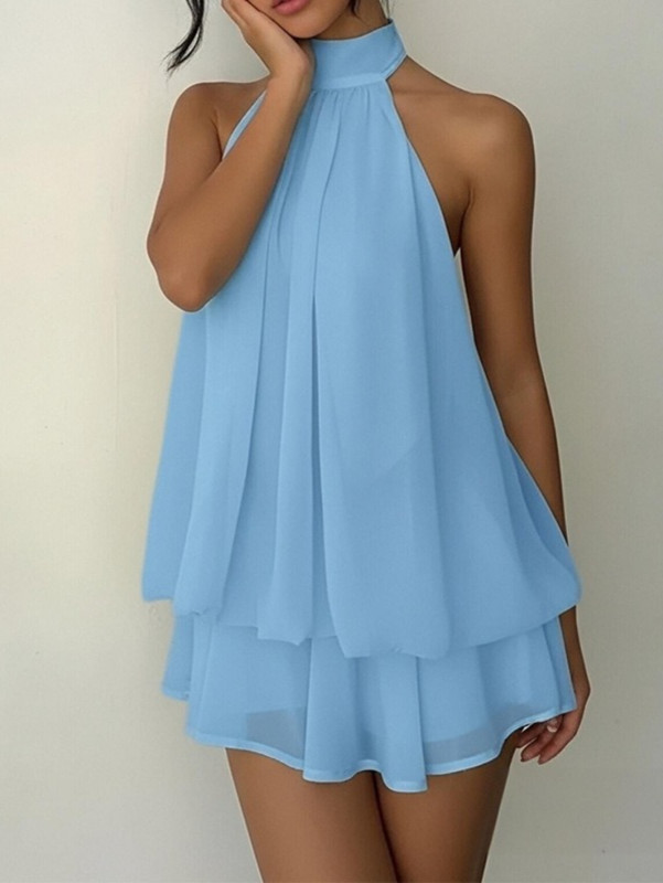 ✨Women Vacation Slim Fit Sexy Backless Halter Tie Ruched Waist Fluffy Short Dress✨