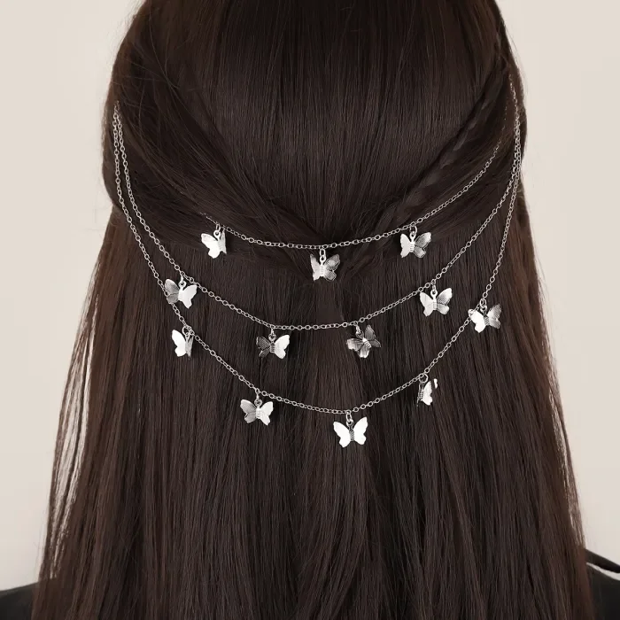 ✨Vintage Punk Butterfly Layered Hair Chain with Black BB Clips✨