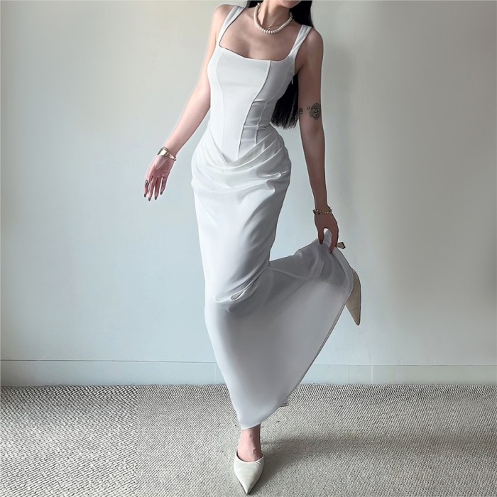 ✨Elegant Solid Color Square Neck Fishbone Suspender Dress✨