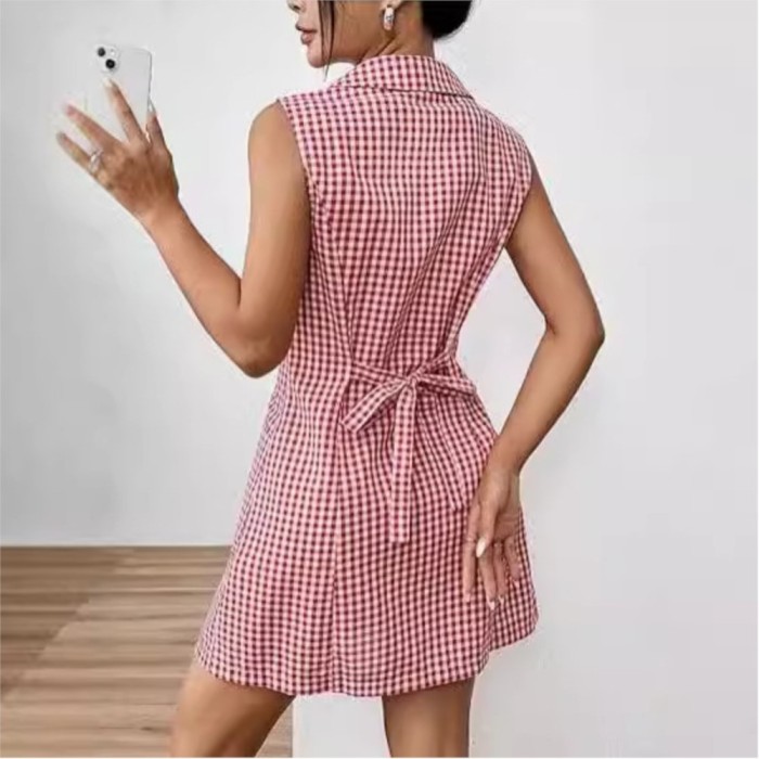✨Sleeveless Retro Plaid Print Lapel Pocket Bow Short Dress✨