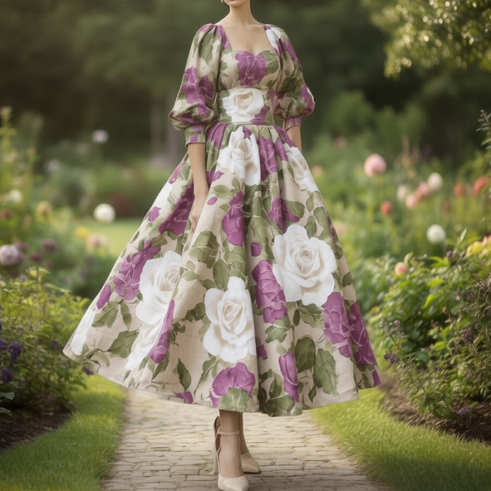 ✨Elegant Ruffled Sleeve V-Neck Rose Print Long Dress✨