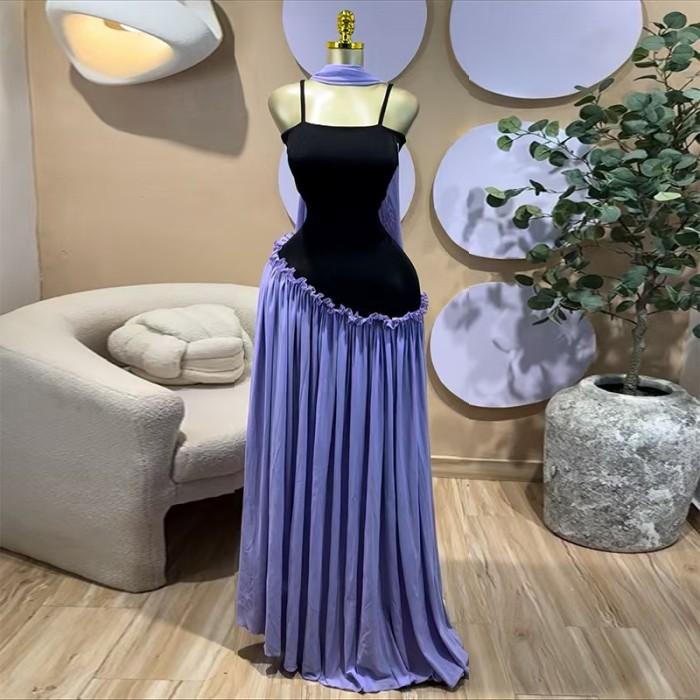 ✨Elegant Spliced Slim Pleated Ruffle Suspender A-Line Dress✨
