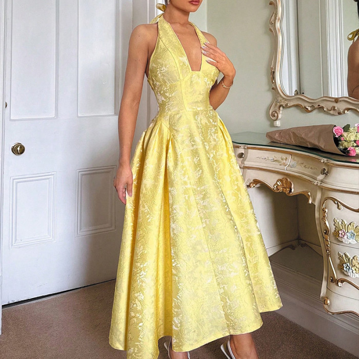 ✨Retro 3D Embossed V-Neck Halter Backless Long Dress✨