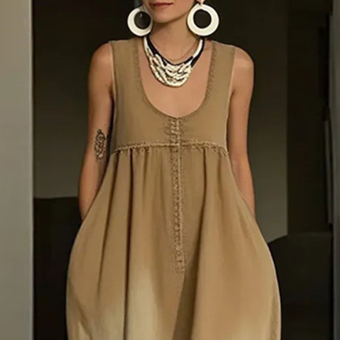✨Retro U-Neck Strappy Solid Loose Long Dress✨