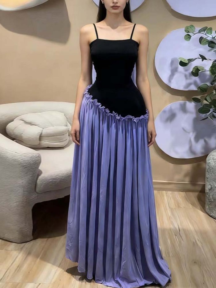 ✨Elegant Spliced Slim Pleated Ruffle Suspender A-Line Dress✨