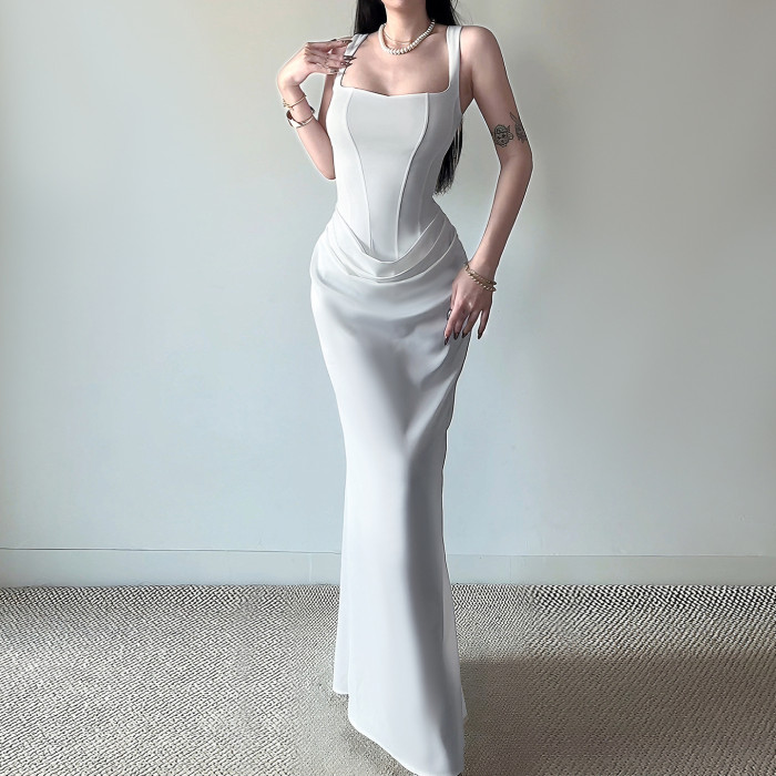 ✨Elegant Solid Color Square Neck Fishbone Suspender Dress✨