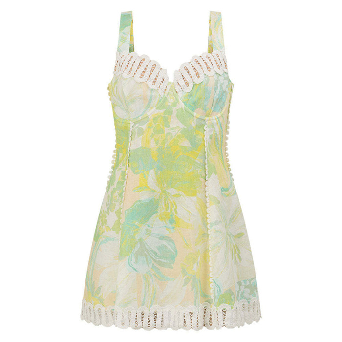 ✨Elegant Printed Lace Halter Pleated Mini Dress✨