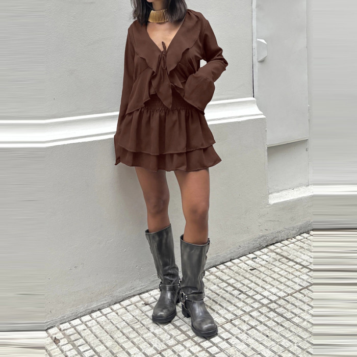 ✨Elegant V-Neck Cardigan & Ruffle Mini Skirt 2-Piece Set✨