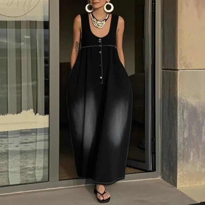 ✨Retro U-Neck Strappy Solid Loose Long Dress✨