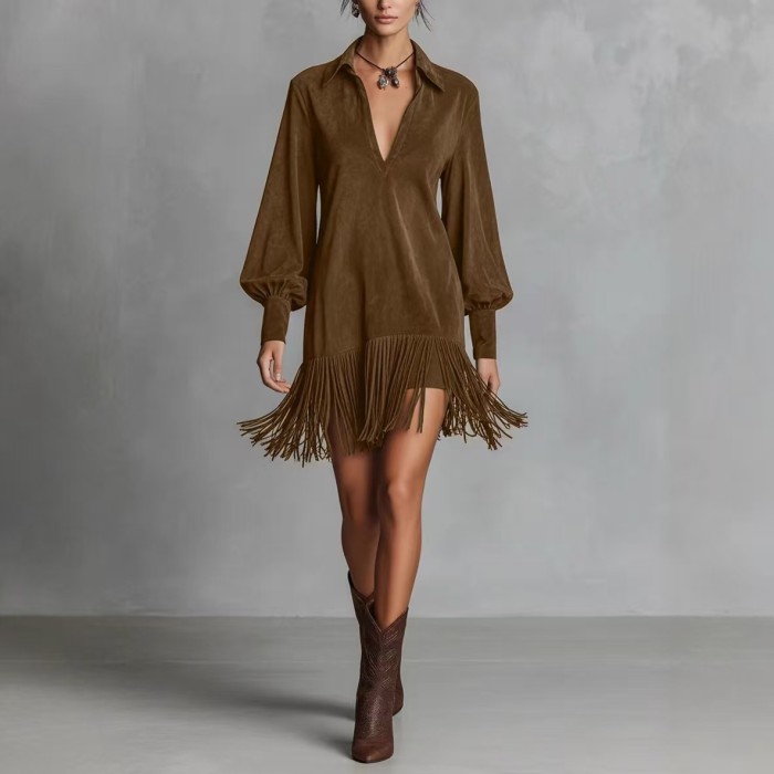 ✨Western Denim Imitation Suede Fringed Short Dress✨
