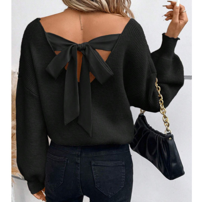 ✨Sexy V-Neck Backless Lace-Up Solid Color Sweater✨