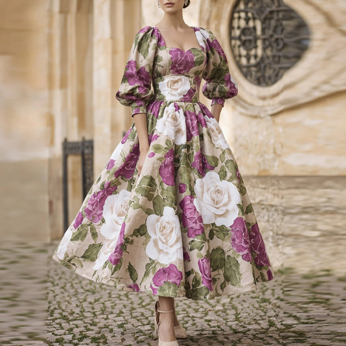 ✨Elegant Ruffled Sleeve V-Neck Rose Print Long Dress✨
