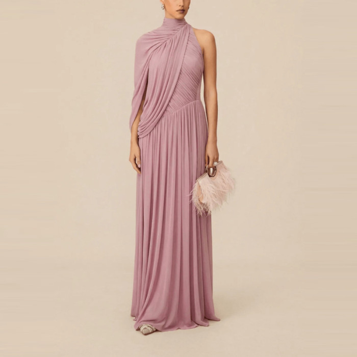 ✨Elegant Draped High Neck Shawl Sleeve Long Dress✨
