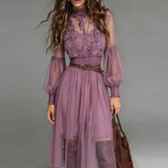 ✨Bohemian Embroidered Lace Mesh Turtleneck Maxi Dress✨