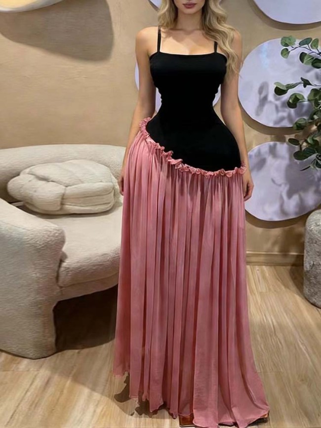 ✨Elegant Spliced Slim Pleated Ruffle Suspender A-Line Dress✨