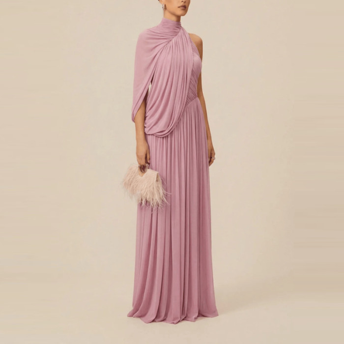 ✨Elegant Draped High Neck Shawl Sleeve Long Dress✨