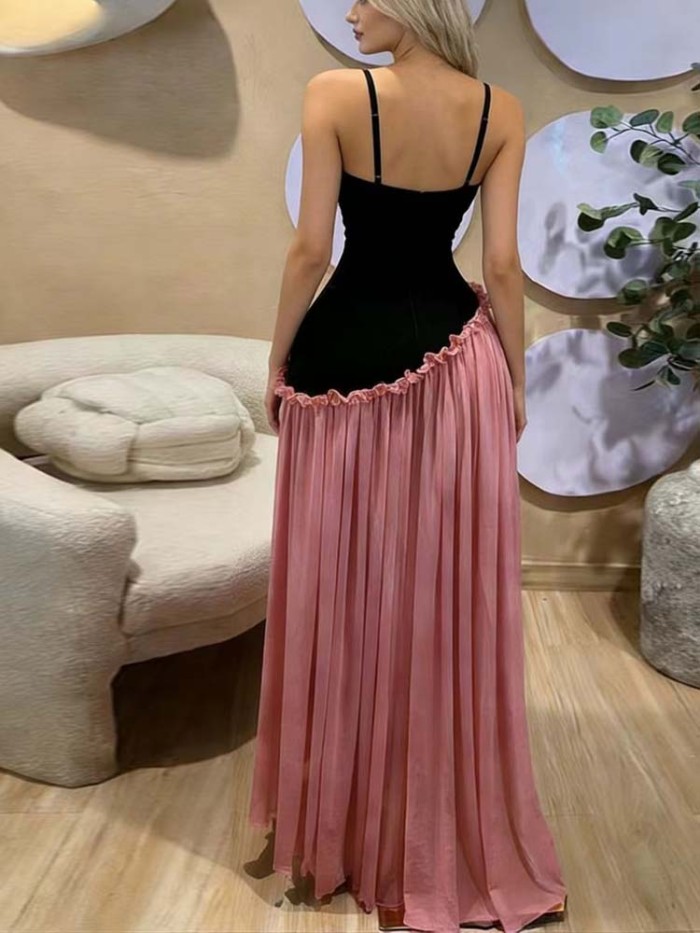 ✨Elegant Spliced Slim Pleated Ruffle Suspender A-Line Dress✨