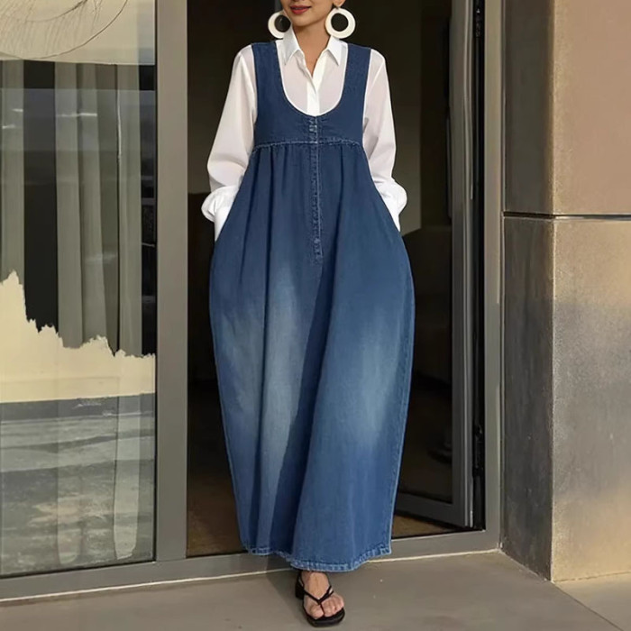 ✨Retro U-Neck Strappy Solid Loose Long Dress✨