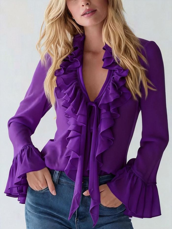 ✨French Style Ruffled V-Neck Trumpet Sleeve Shirt✨
