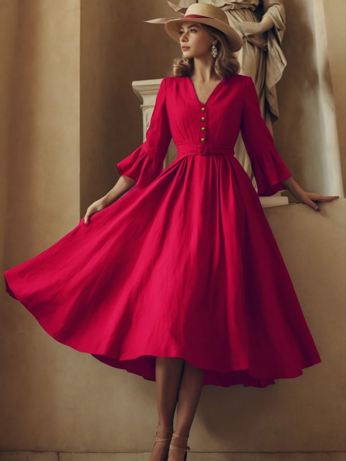 ✨Retro V-Neck Flare Sleeve Swing Dress✨