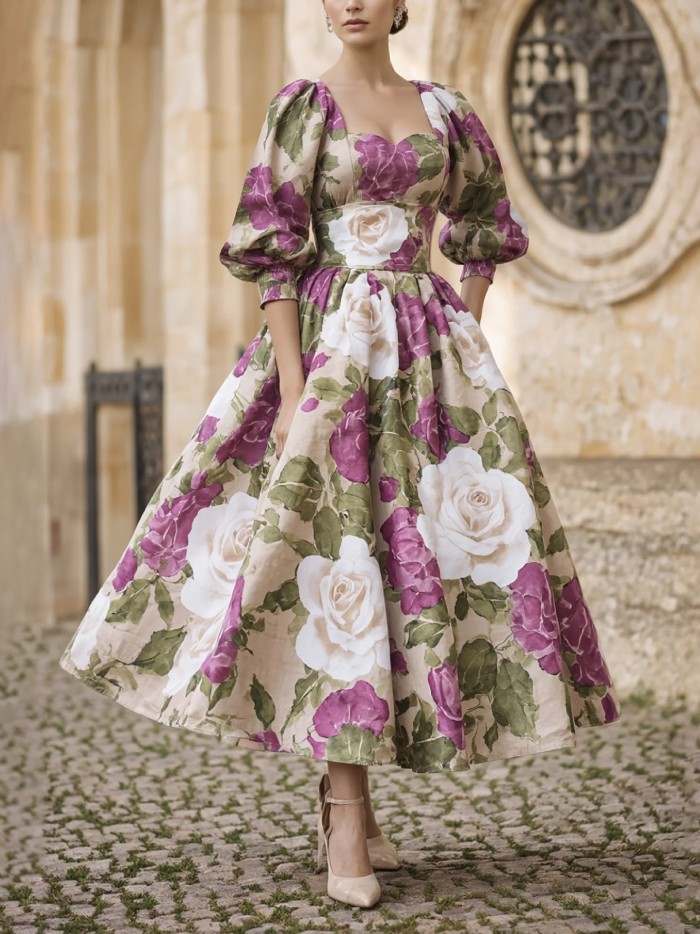 ✨Elegant Ruffled Sleeve V-Neck Rose Print Long Dress✨