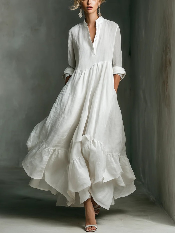 ✨Elegant White Ruffle Hem Vintage Long Dress✨