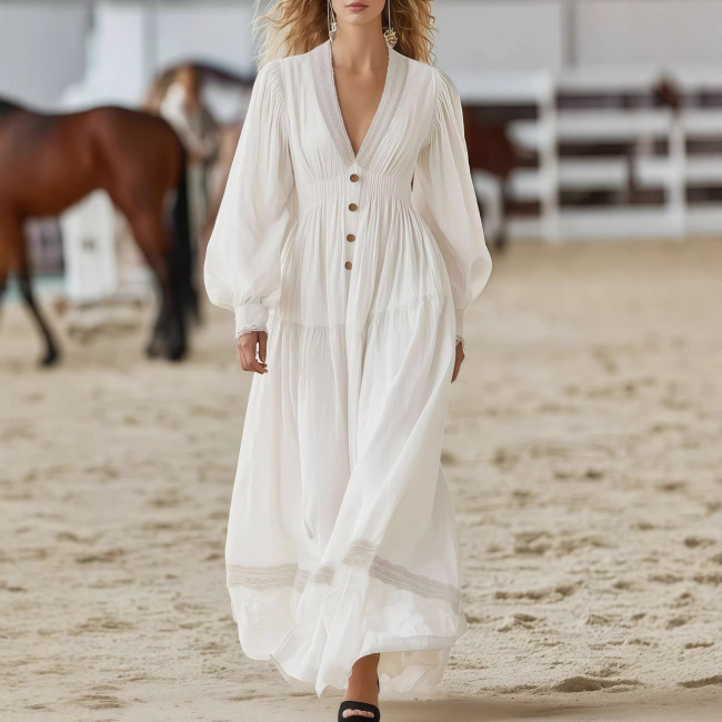 ✨Elegant White Deep V Boho Maxi Dress✨