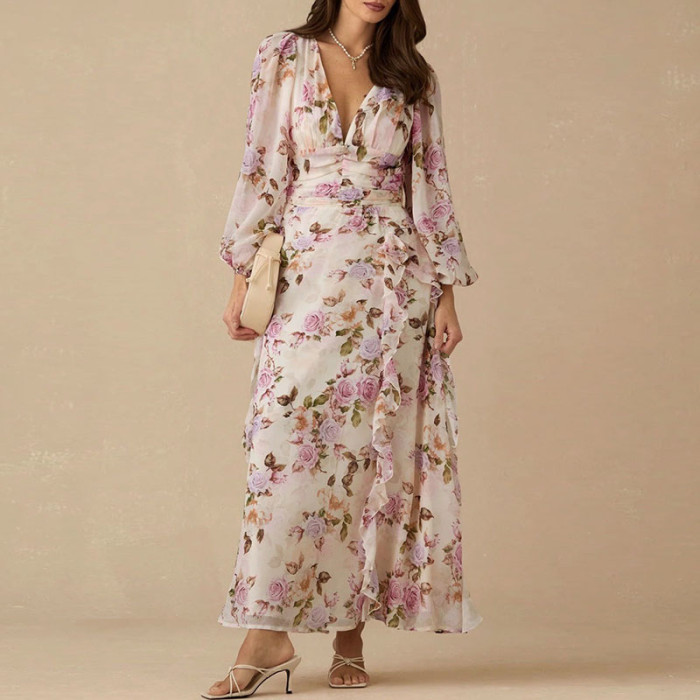 ✨Elegant Floral Ruffle Hem V-Neck Maxi Dress✨