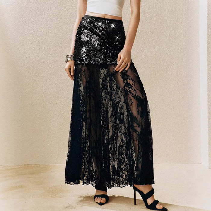 ✨Lace Patchwork Sequin High Waist A-Line Skirt✨
